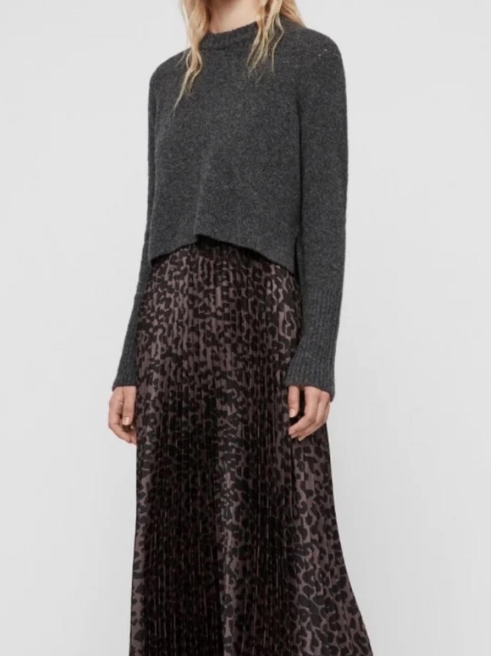 All Saints Charcoal Gray Cropped Sweater with Brown Leopard Pleated Skirt